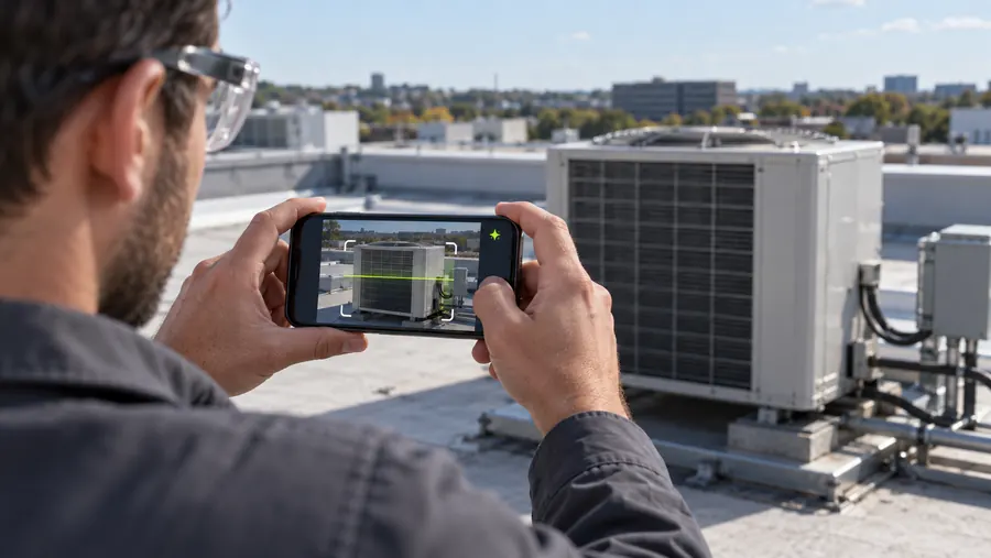 Técnico fotografía una unidad exterior HVAC en la cubierta con la app Plan2Asset AI (imagen ilustrativa)