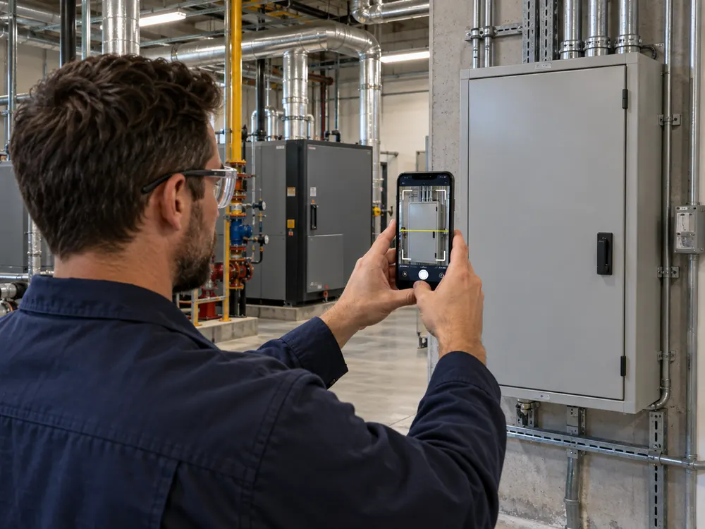 Technician photographing an electrical distribution board in a plant room with a smartphone (illustrative image)