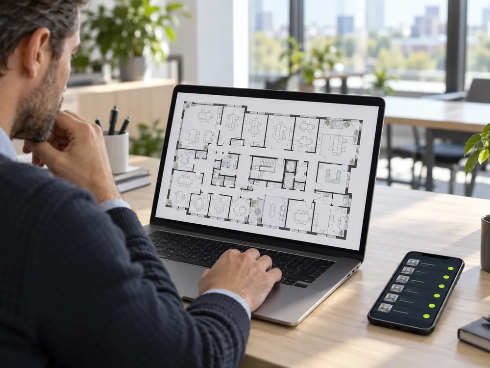 Responsable de mantenimiento revisando el plano de un edificio en el portátil, con la lista de espacios en la app (imagen ilustrativa)