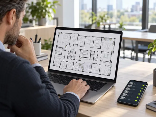 Facility manager reviewing a building floor plan on a laptop, with the list of spaces in the app (illustrative image)