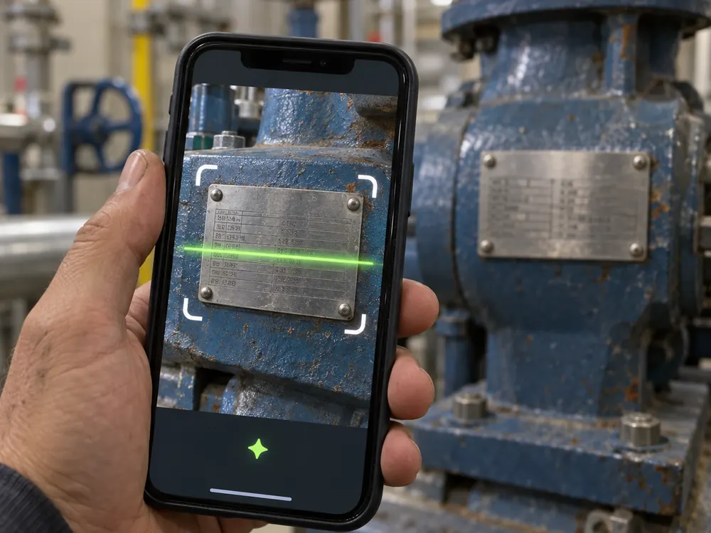 Smartphone framing the nameplate of a pump in a plant room (illustrative image)