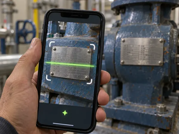 Smartphone framing the nameplate of a pump in a plant room (illustrative image)